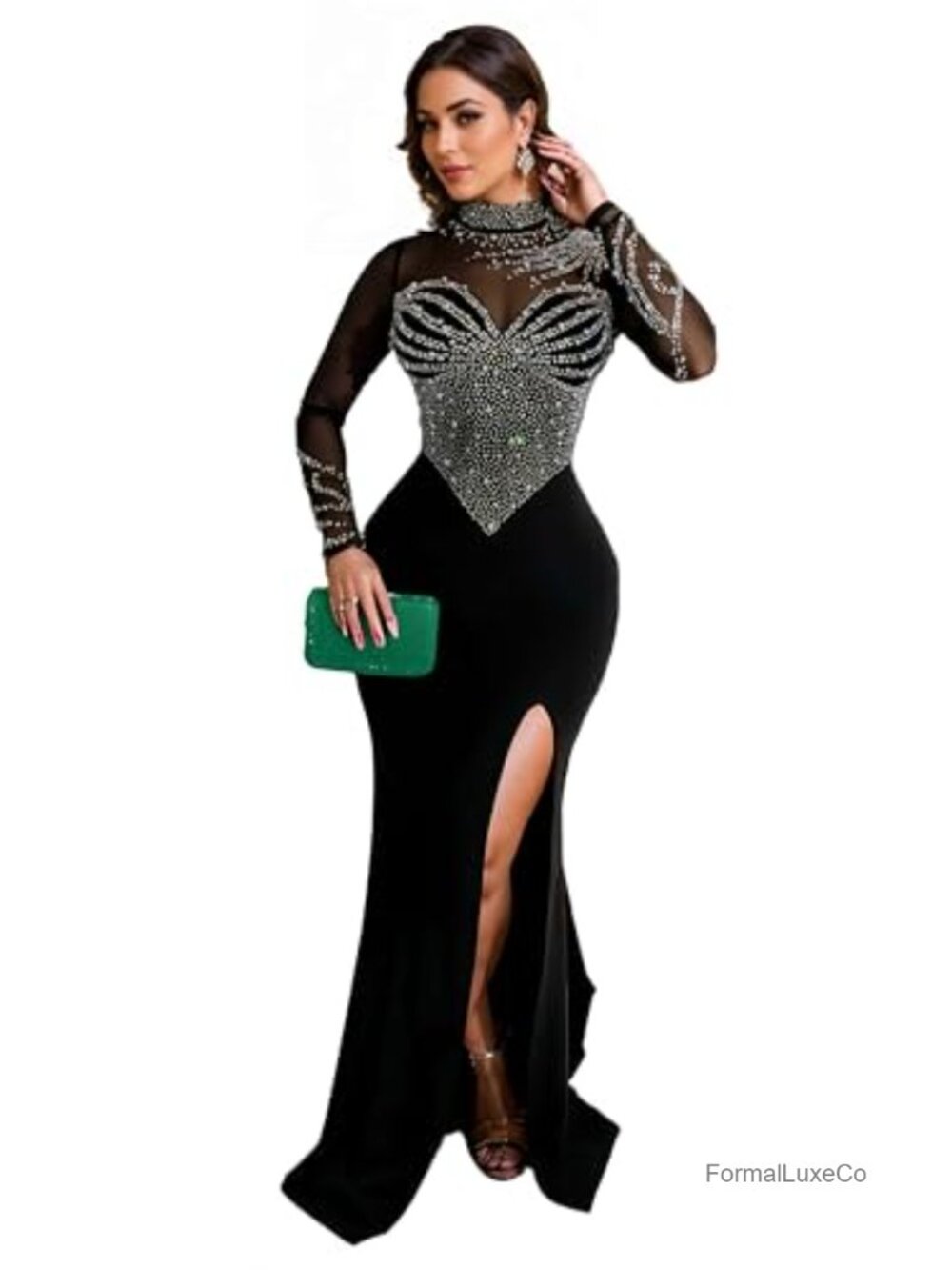 Rhinestone Embellished Formal Evening Gown High Slit Mermaid Prom Dress